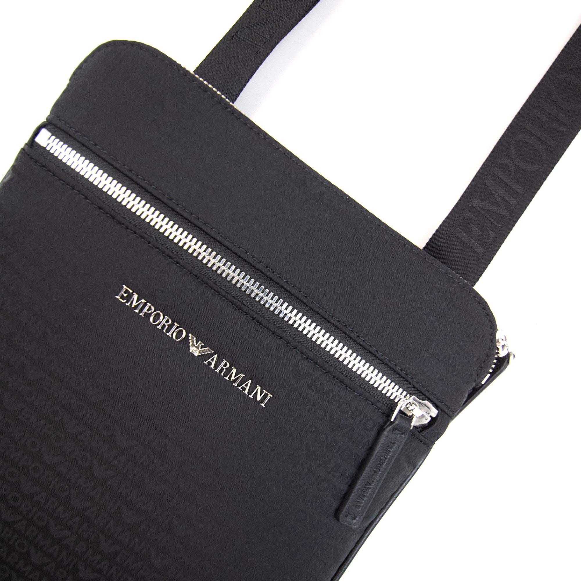 Emporio Armani Flat Shoulder Bag In Nylon With All-over Jacquard Logo Lettering Black/black