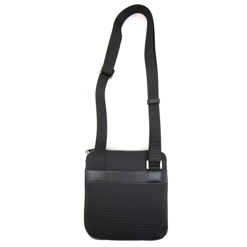 Emporio Armani Flat Shoulder Bag In Nylon With All-over Jacquard Logo Lettering Black/black