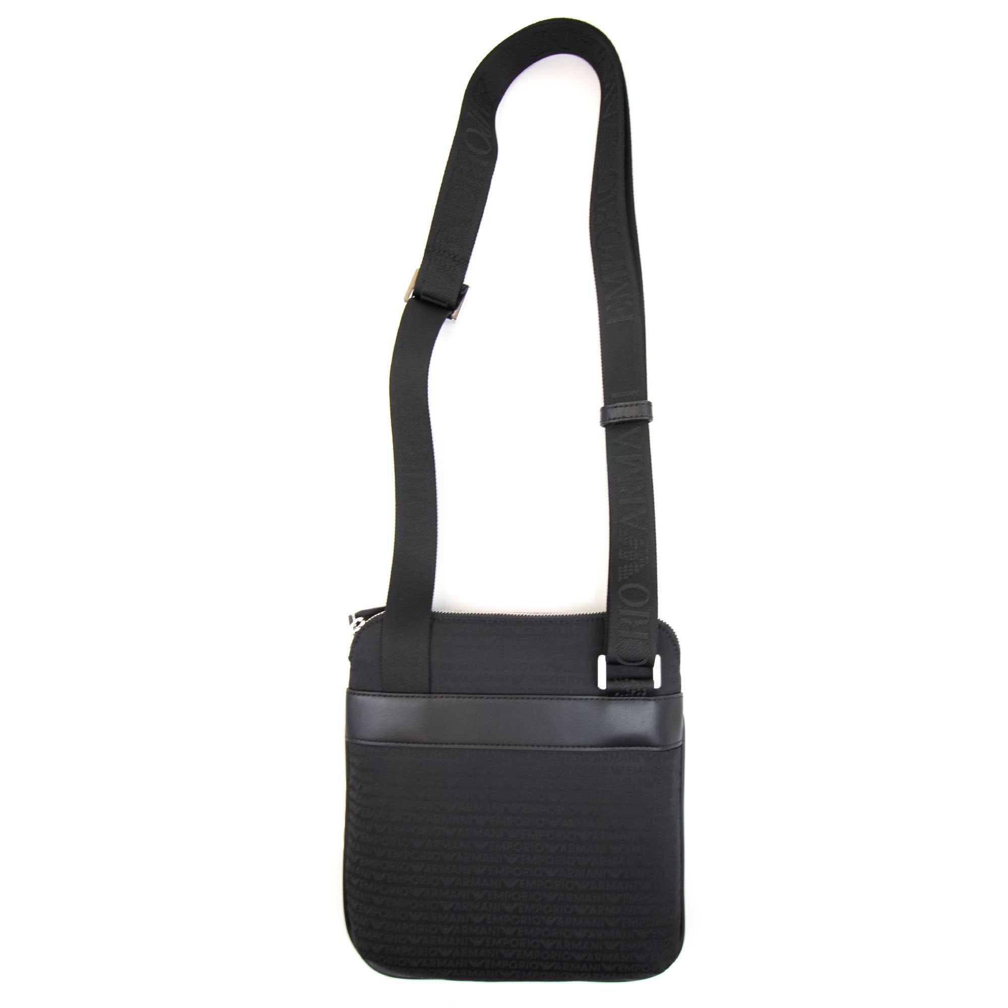 Emporio Armani Flat Shoulder Bag In Nylon With All-over Jacquard Logo Lettering Black/black