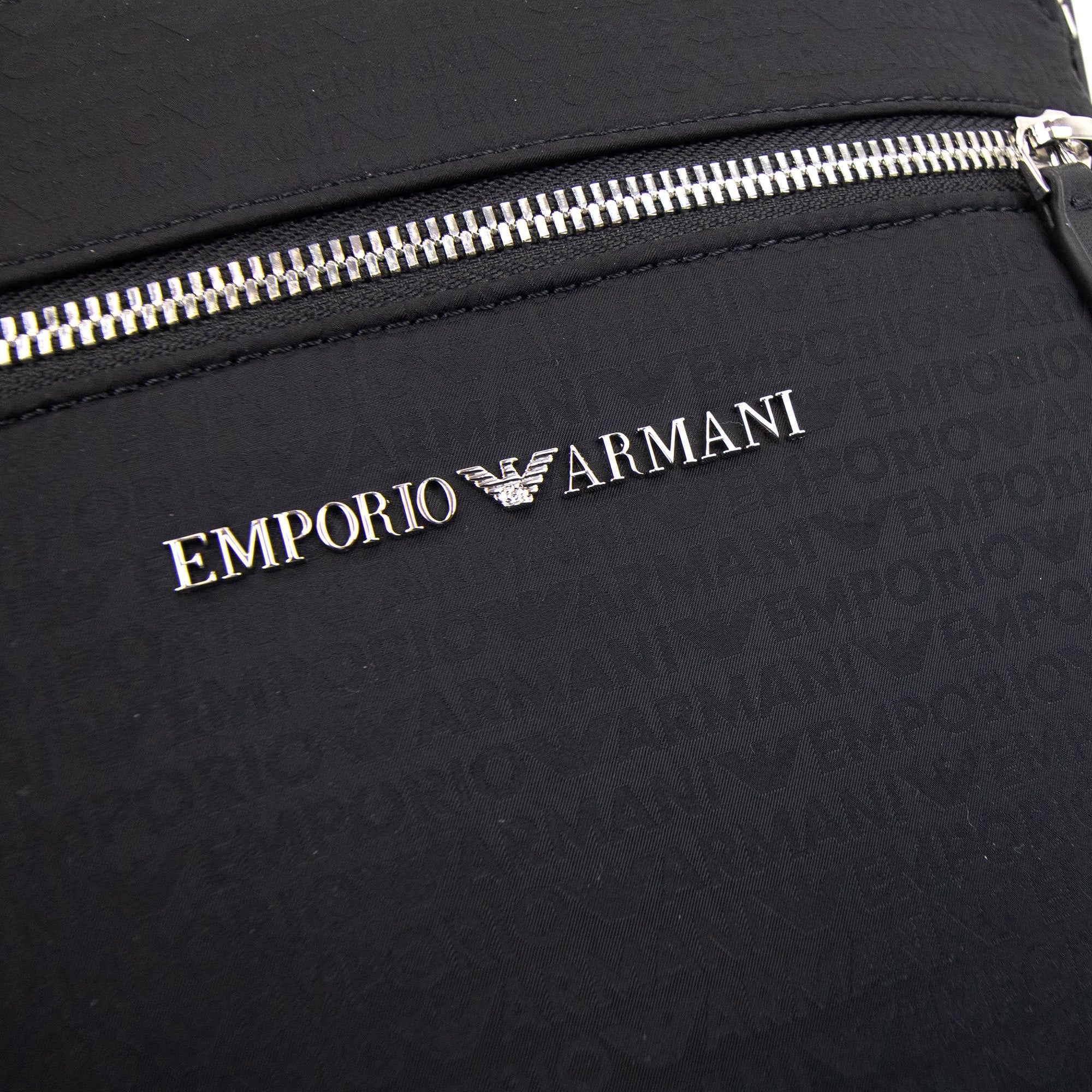 Emporio Armani Flat Shoulder Bag In Nylon With All-over Jacquard Logo Lettering Black/black