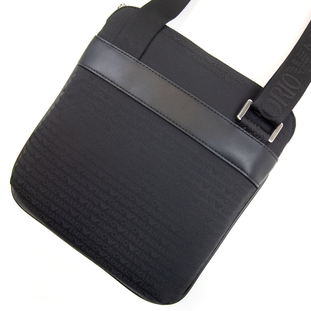 Emporio Armani Flat Shoulder Bag In Nylon With All-over Jacquard Logo Lettering Black/black