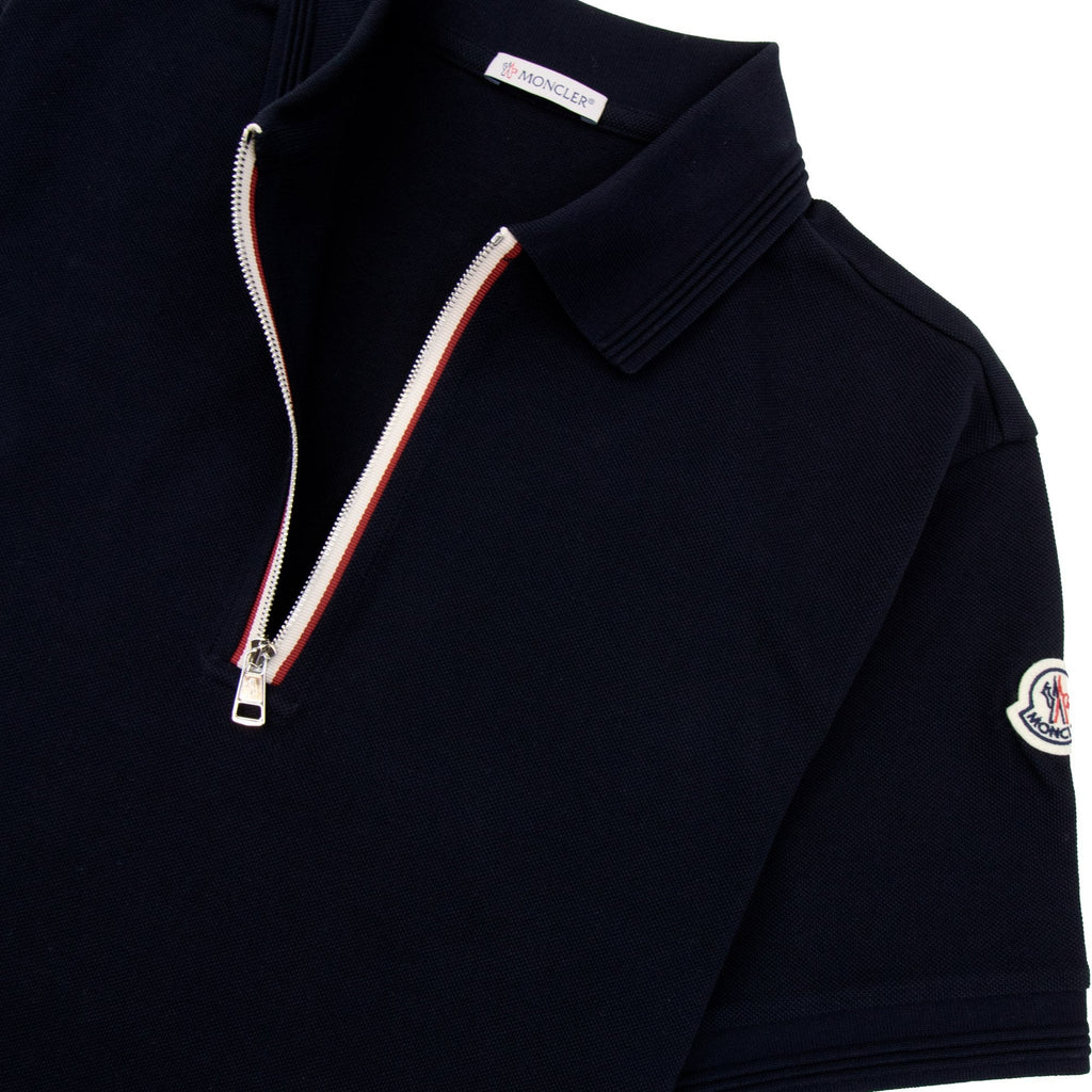 Moncler Tricolour Trim Cotton Piquet Polo Navy