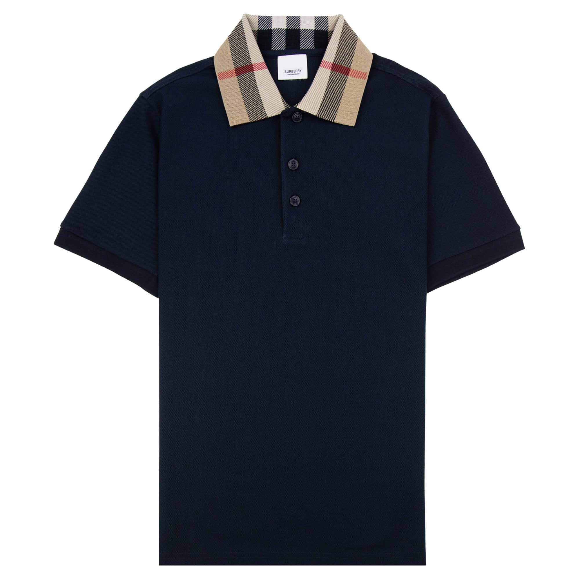 Burberry Check Collar Cotton Polo Shirt Smoked Navy