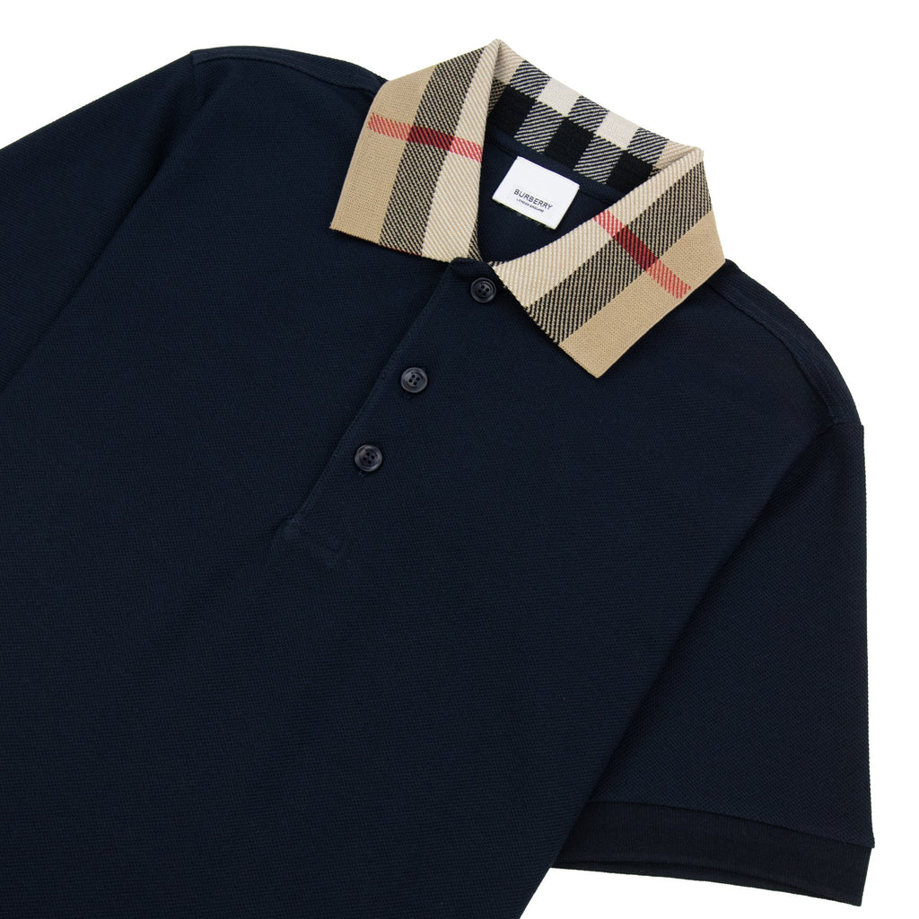 Burberry Check Collar Cotton Polo Shirt Smoked Navy