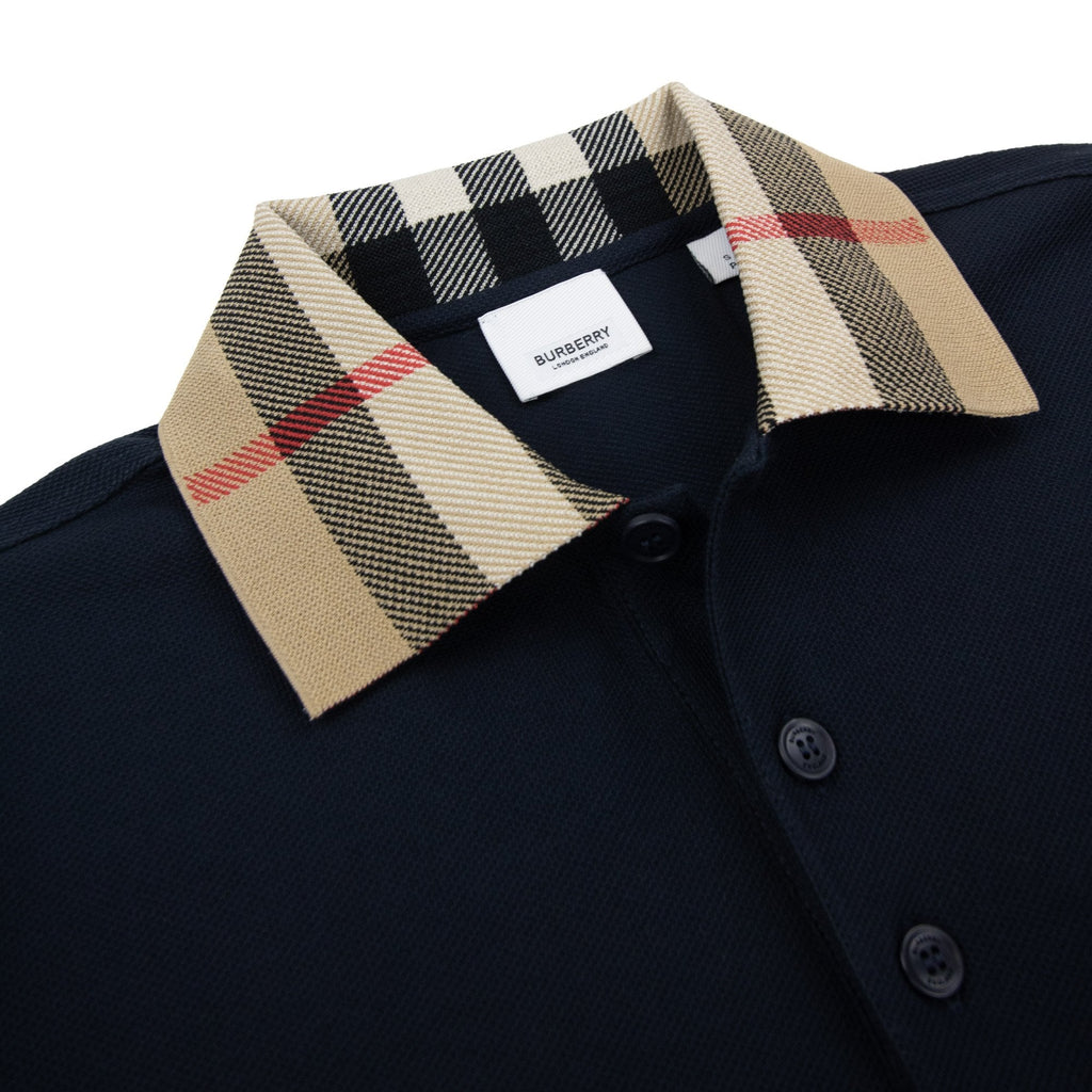 Burberry Check Collar Cotton Polo Shirt Smoked Navy