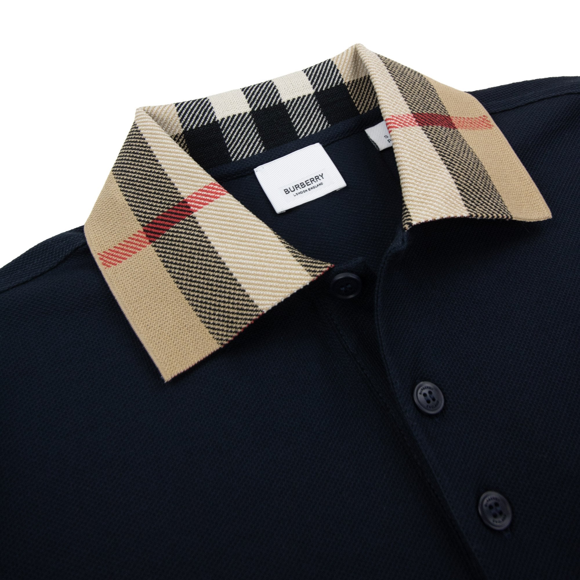 Burberry Check Collar Cotton Polo Shirt Smoked Navy