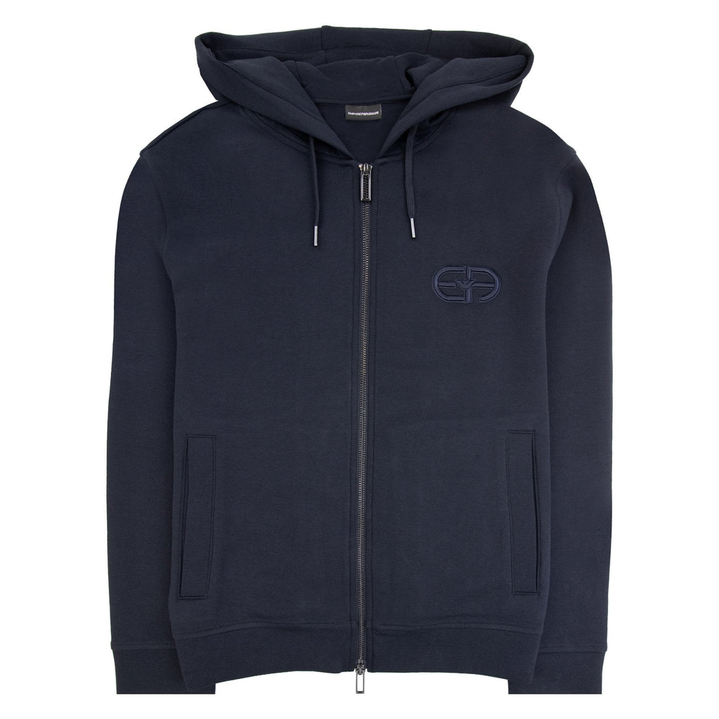 Emporio Armani Double-jersey Zip-up Hooded Sweatshirt With Embossed Embroidered Ea Logo Blue Navy