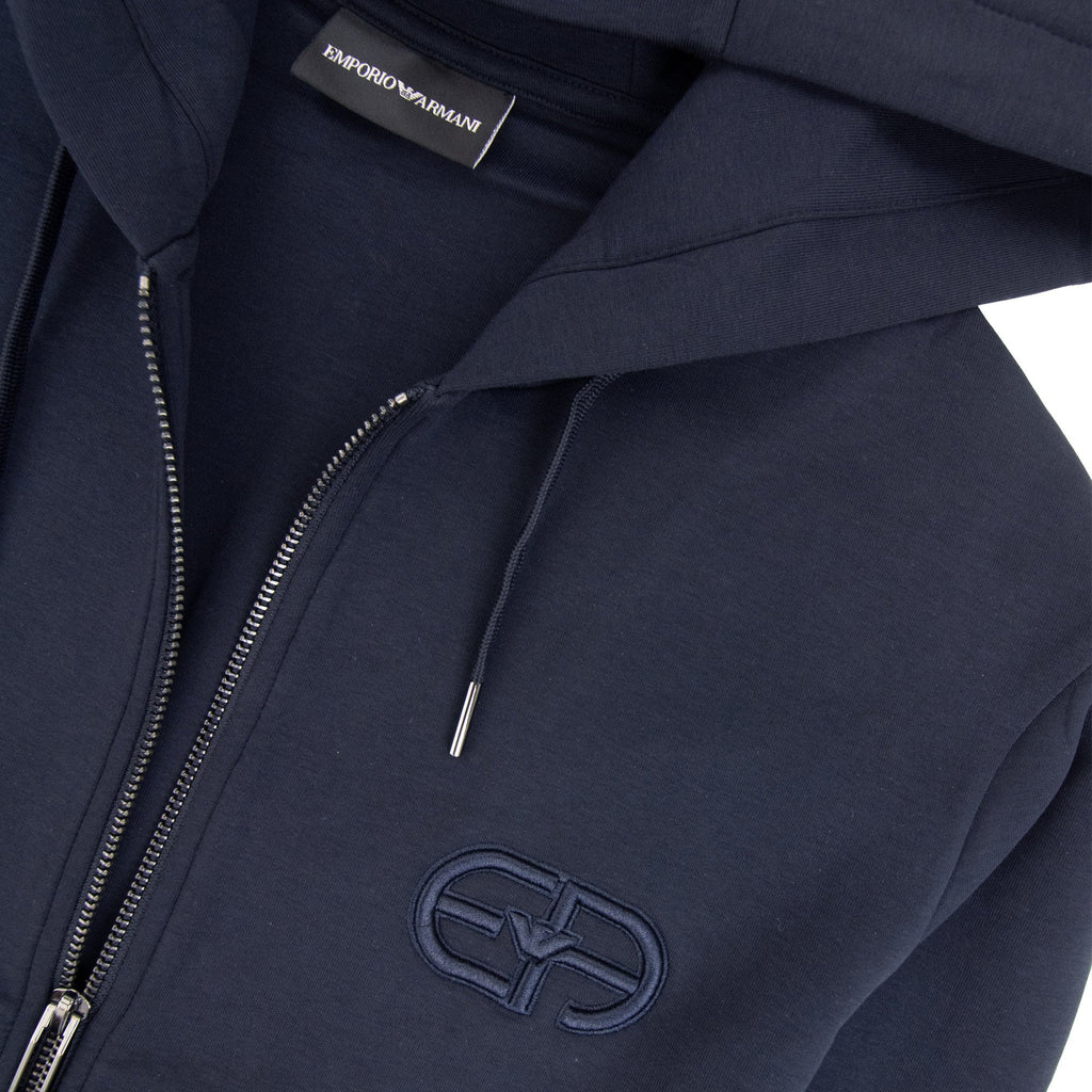Emporio Armani Double-jersey Zip-up Hooded Sweatshirt With Embossed Embroidered Ea Logo Blue Navy