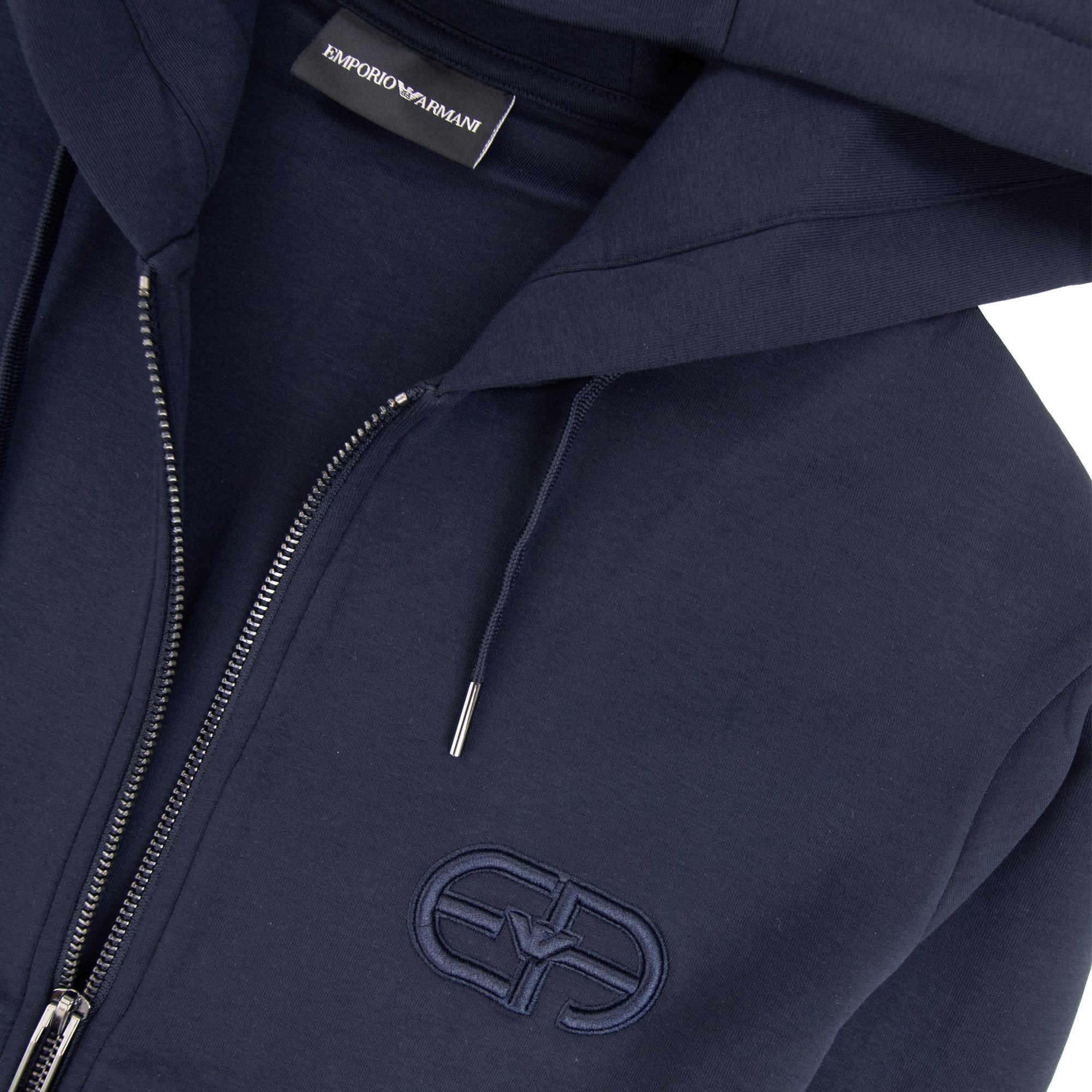 Emporio Armani Double-jersey Zip-up Hooded Sweatshirt With Embossed Embroidered Ea Logo Blue Navy