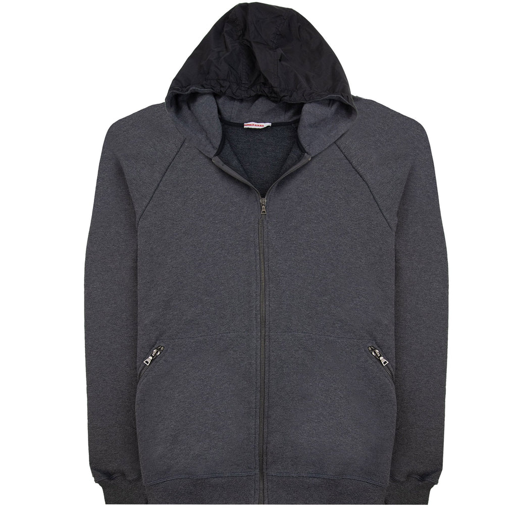 Prada Re Nylon Hood Zip Up Sweatshirt Dark Grey