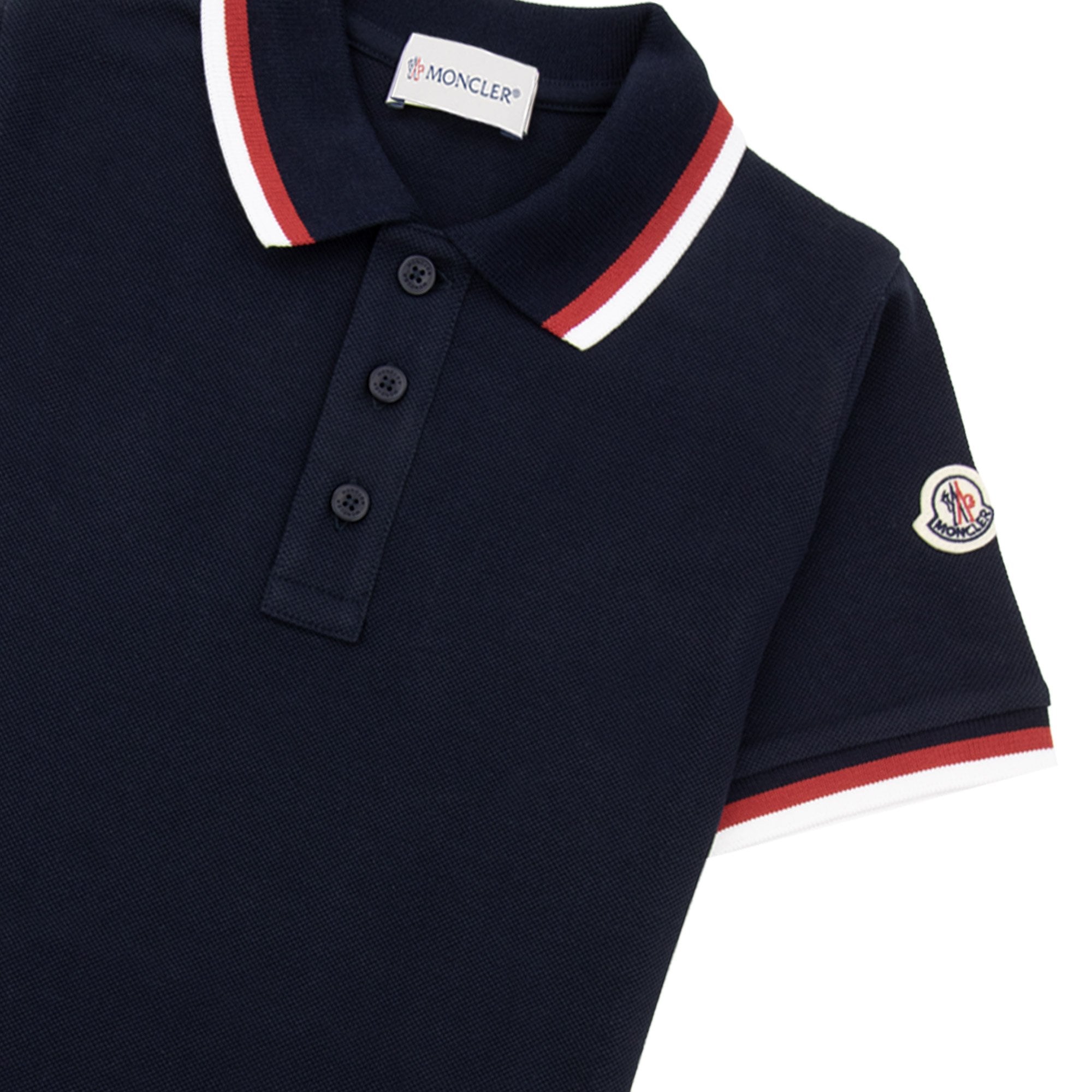 Moncler Junior Tricolor Trimmed Cotton Polo Navy 778
