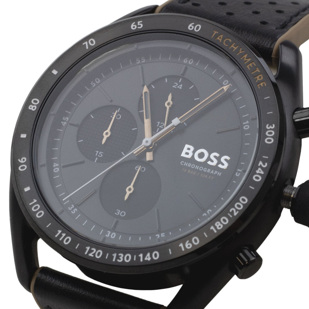 Hugo Boss Centre Court Black Leather Strap Watch Black