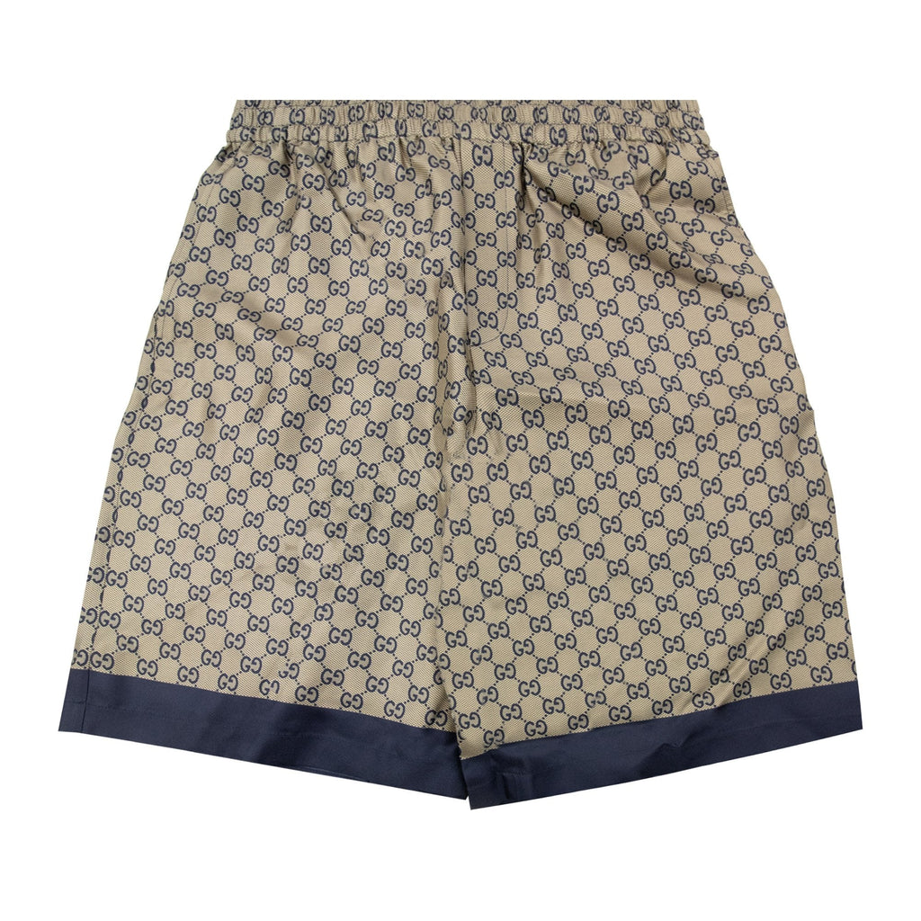 Gucci All Over Gg Print Silk Shorts Beige