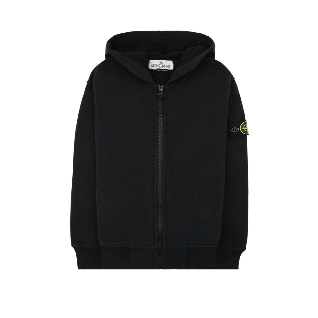 Stone Island Junior 6100003 Fleece Ribbed Details Zip Up Hooded Sweatshirt Black V0029