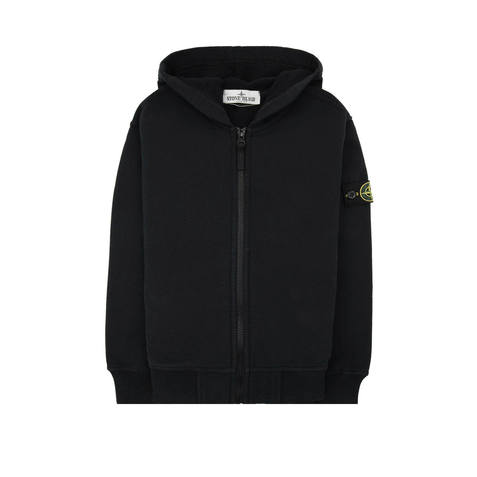Stone Island Junior 6100003 Fleece Ribbed Details Zip Up Hooded Sweatshirt Black V0029