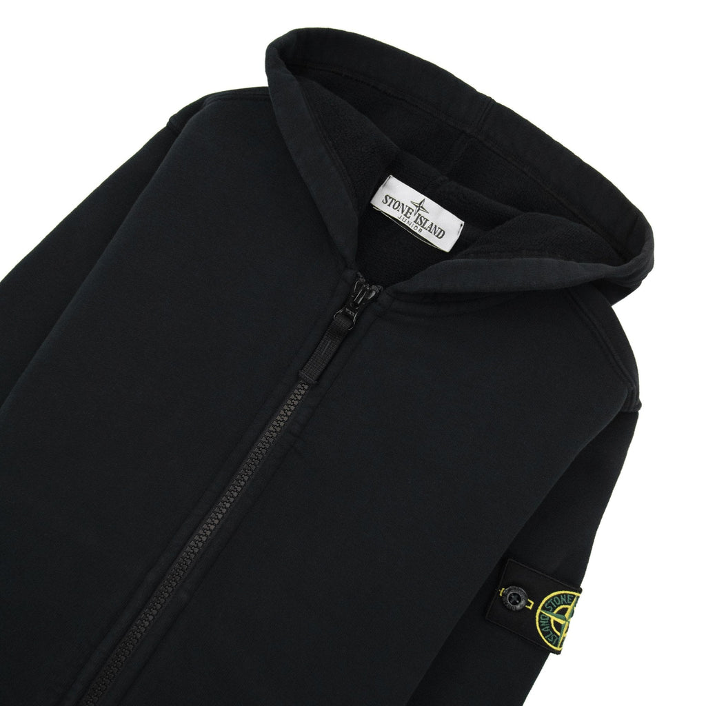 Stone Island Junior 6100003 Fleece Ribbed Details Zip Up Hooded Sweatshirt Black V0029