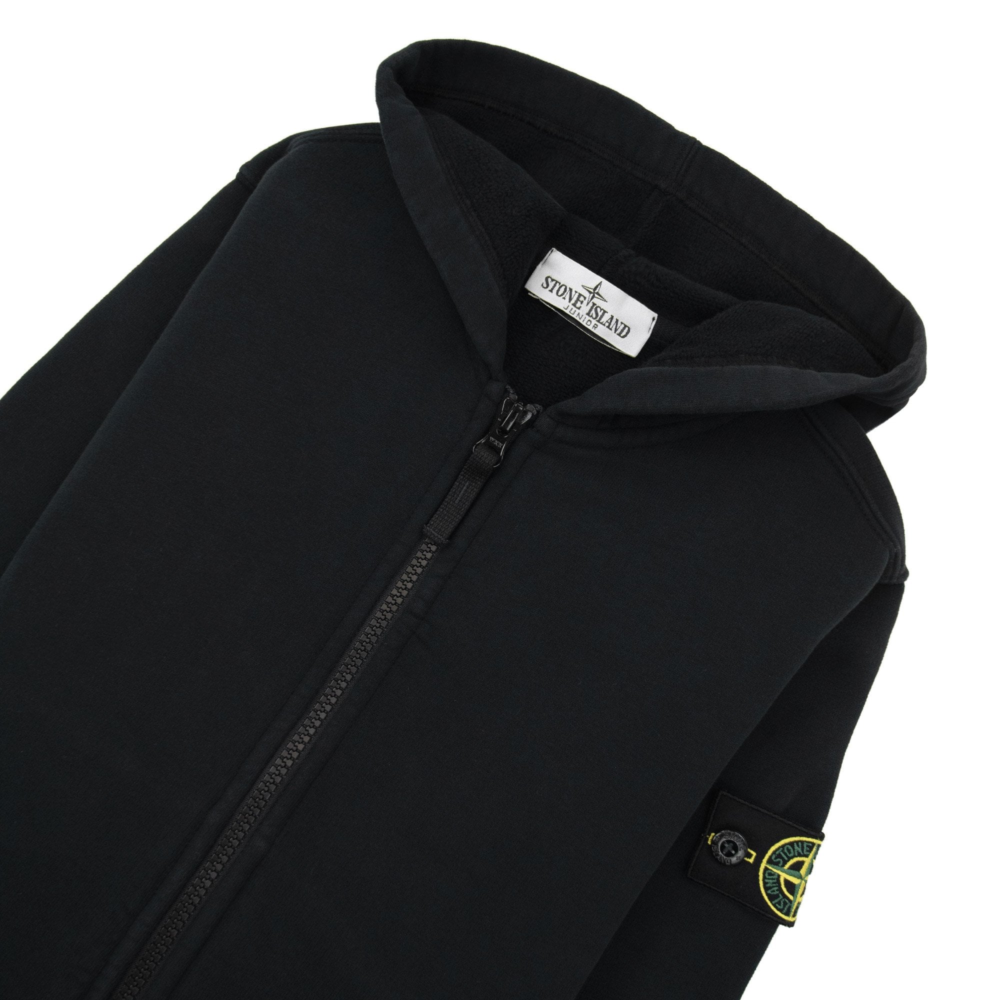 Stone Island Junior 6100003 Fleece Ribbed Details Zip Up Hooded Sweatshirt Black V0029