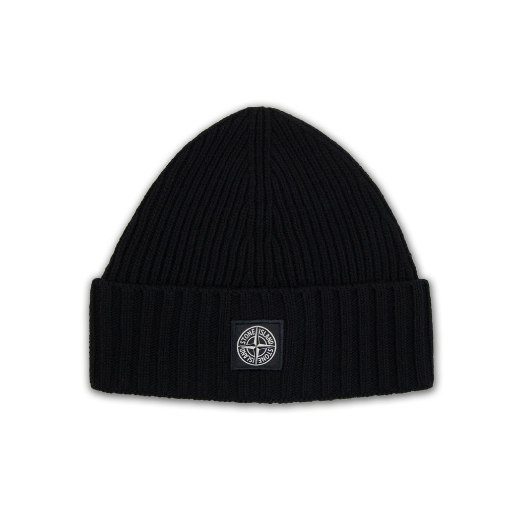 Stone Island Junior N100003 Ribbed Wool Beanie With Compass Patch Black V0029