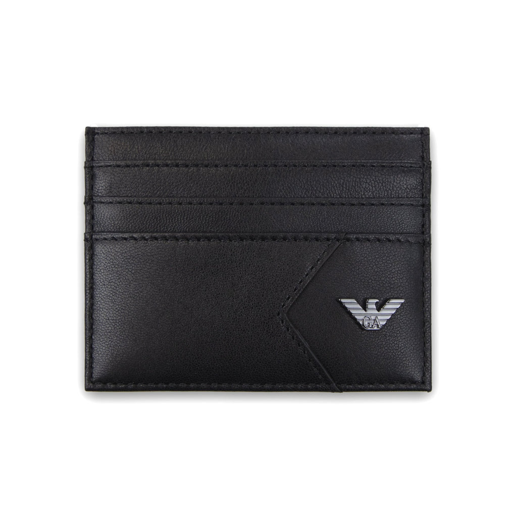 Emporio Armani Nappa Leather Card Holder With Geometric Detail Black
